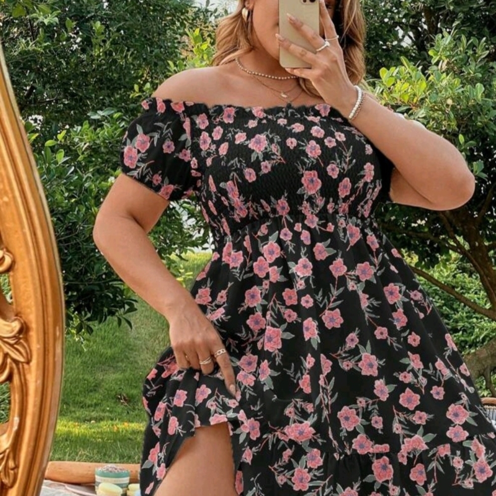 Off-Shoulder Black Floral Maxi Dress with Pink Roses